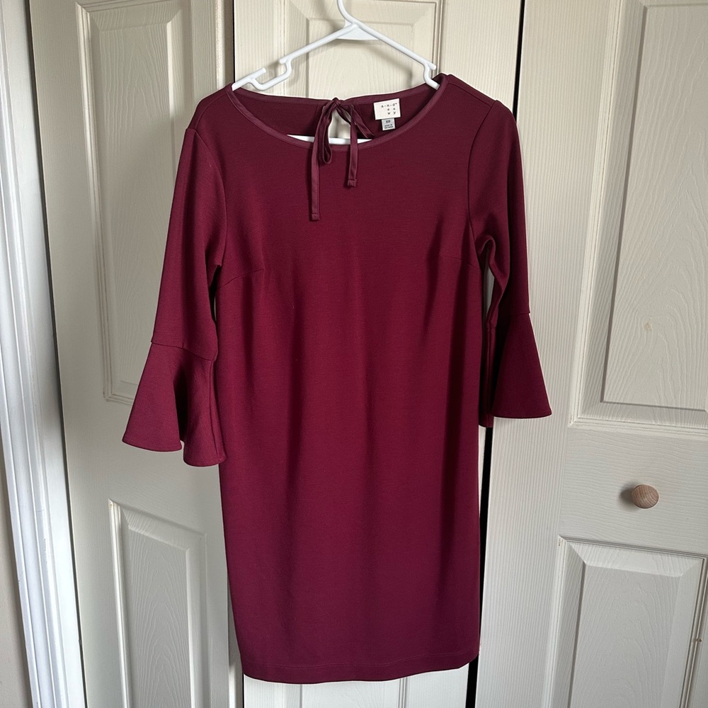A New Day Dark Red Shift Dress with bell sleeves, XS